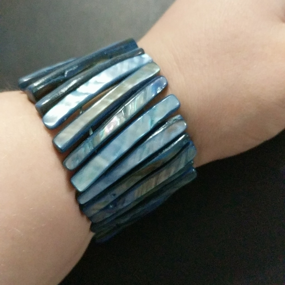 Blue Natural Shell Spear Stretchy Elastic Statement Bracelet